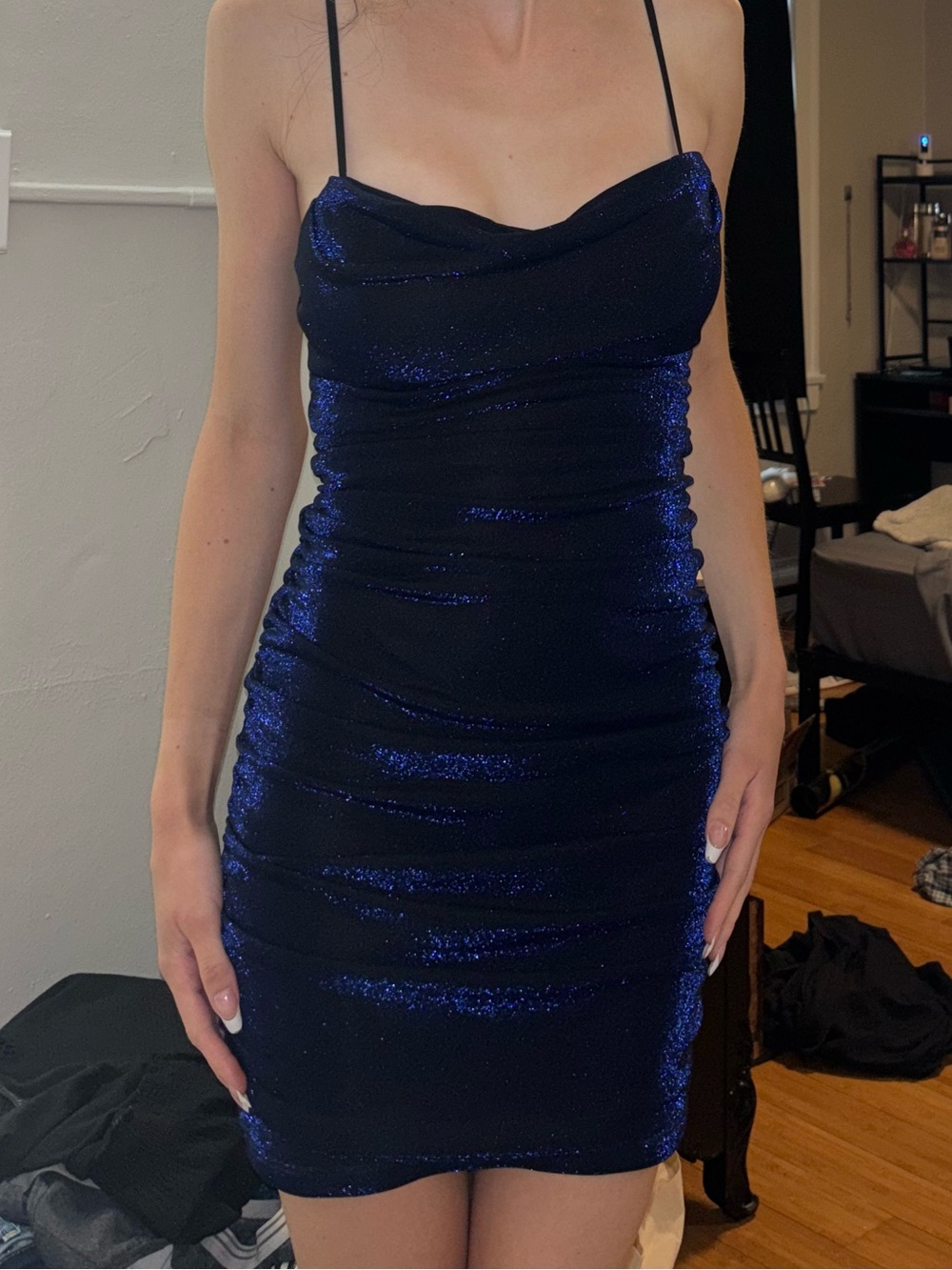 Emerald Sundae Shimmery Navy Blue Cowl Neck Mini Dress